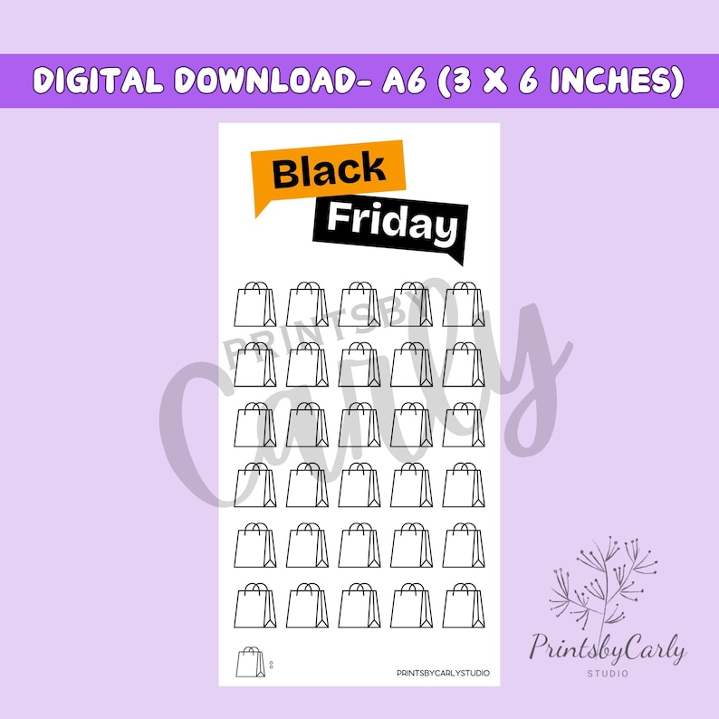 Puede incluir: Hoja de descarga digital imprimible en blanco y negro con el texto "Black Friday" en un bocadillo negro con contorno amarillo. La hoja contiene 36 iconos de bolsas de la compra.
