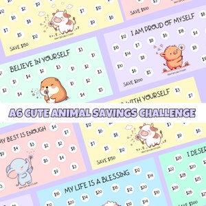 Affirmation Savings Challenge, Low Income Saving Challenge Bundle, Cute Animals Savings Challenges, Cash Envelopes, A6 Savings Challenges