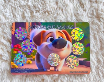 Sniffing Out Savings Scratch Off Card | Dog Puppy Themed Savings Challenge | Fun Money Tracker | Cash Envelope Budgeting Game