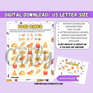 Food Bingo Saving Challenge Sobre en efectivo Rastreador de ahorros imprimible Cute Savings US Letter Savings Sinking Fund, B25