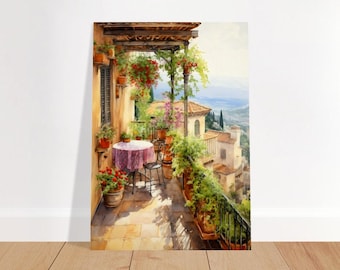 May include: A watercolor painting of a balcony with a table and chairs, overlooking a cityscape. The balcony is decorated with potted plants and flowers. The table has a pink tablecloth and there are two chairs. The cityscape is in the background and is painted in shades of blue and green.