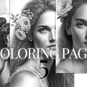 flower women printable PDF | 5 Grayscale coloring pages | Instant Download Grayscale coloring pages for kids and adults