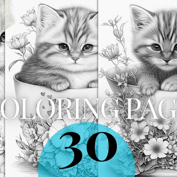 30 Grayscale coloring pages | Set 1 | fantasy tea cup cats and kittens printable PDF | Instant Download coloring book for kids and adults