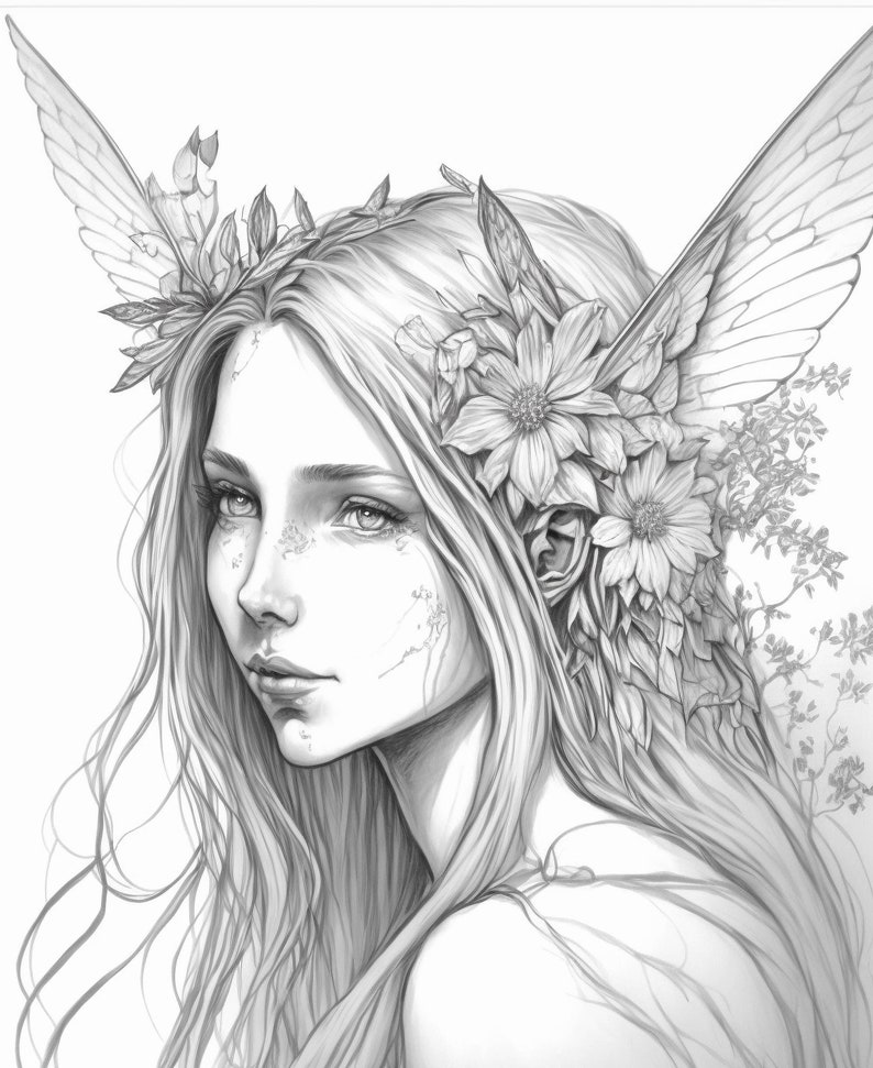 6 Grayscale Coloring Pages Fantasy Style Fairies Printable - Etsy