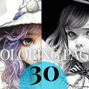 Set 1 | 30 Grayscale coloring pages | fantasy little witches printable PDF | Instant Download grayscale coloring pages for kids and adults