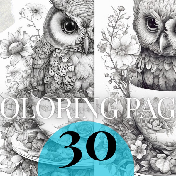 fantasy tea cup owls printable PDF | Set 1 | 30 Grayscale coloring pages | Instant Download coloring book for kids and adults