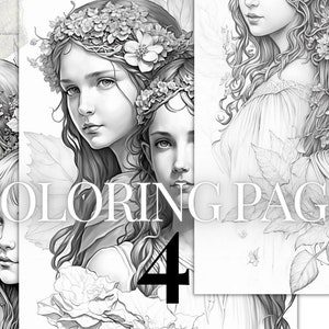 fantasy style elf twins printable PDF | 4 Grayscale coloring pages | Instant Download Grayscale coloring pages for kids and adults