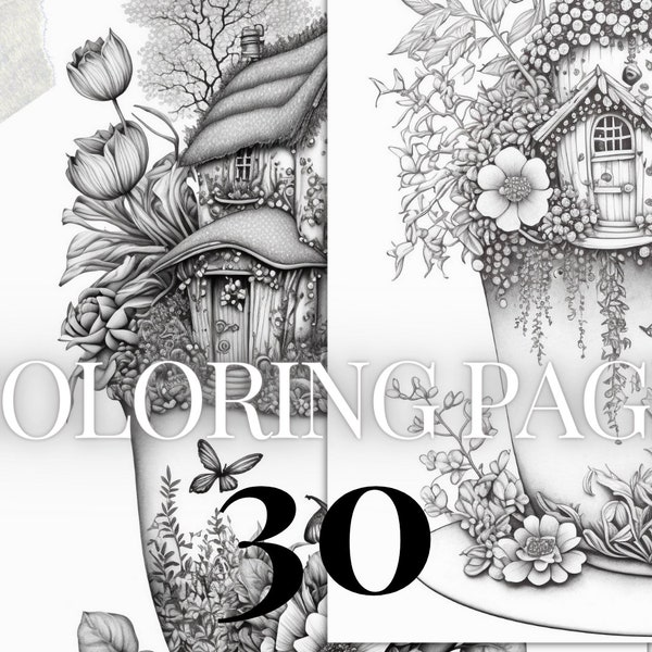 30 Grayscale coloring pages | Set 1 |  fantasy tea cup fairy houses printable PDF | Instant Download coloring pages for kids and adults