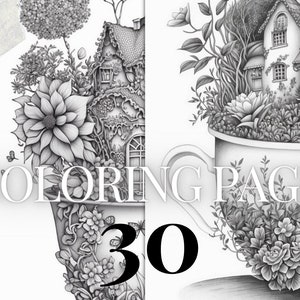 30 Grayscale coloring pages | Set 2 | fantasy tea cup fairy houses printable PDF | Instant Download coloring pages for kids and adults