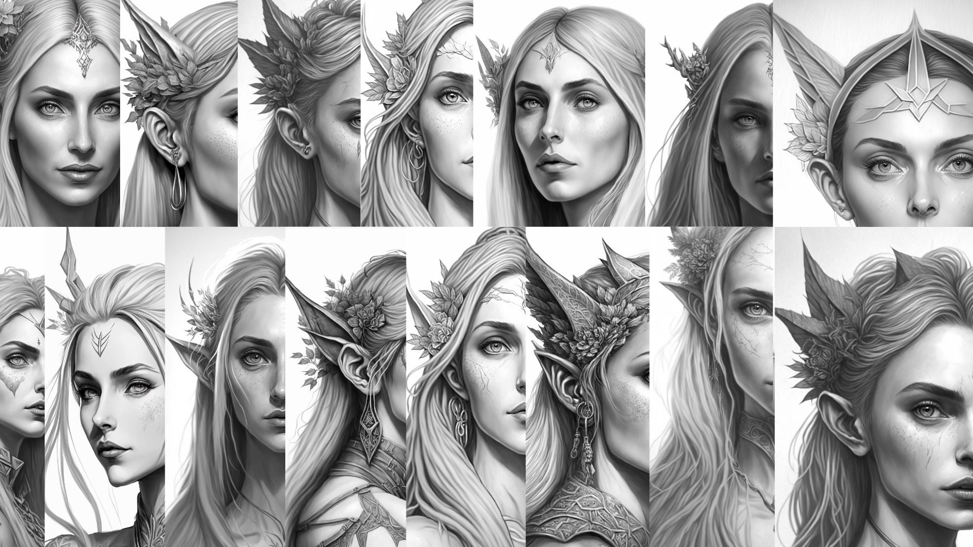 26 Grayscale Coloring Pages | Fantasy Style Elves Printable PDF ...