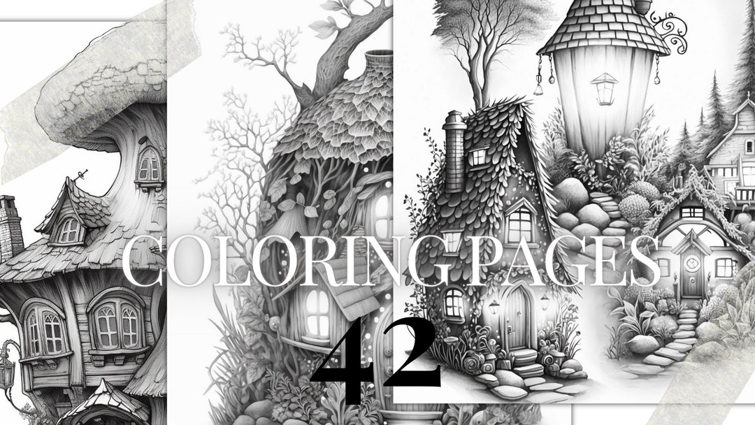 42 Grayscale Coloring Pages | Fantasy Style Fairy Houses Printable PDF ...