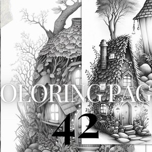 42 Grayscale coloring pages | fantasy style fairy houses printable PDF | Instant Download Grayscale coloring pages for kids and adults