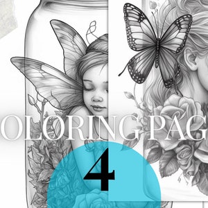 fantasy fairies in jars printable PDF | 4 Grayscale coloring pages | Instant Download Grayscale coloring pages for kids and adults