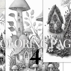 Fantasy style Feendörfer printable PDF | 4 Graustufen Ausmalseiten | Sofort Download Graustufen Malvorlagen für Kinder und Erwachsene