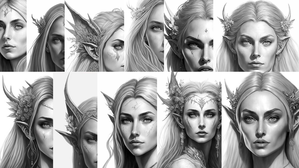 26 Grayscale Coloring Pages | Fantasy Style Elves Printable PDF ...