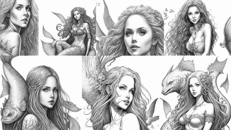 20-grayscale-coloring-pages-fantasy-style-mermaids-printable-etsy