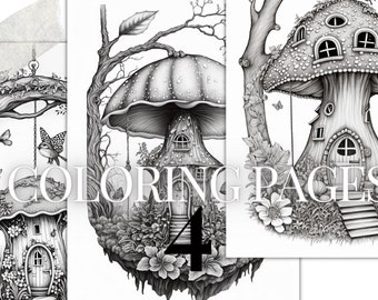 fantasy fairy mushroom houses printable PDF | 4 Grayscale coloring pages | Instant Download Grayscale coloring pages for kids and adults
