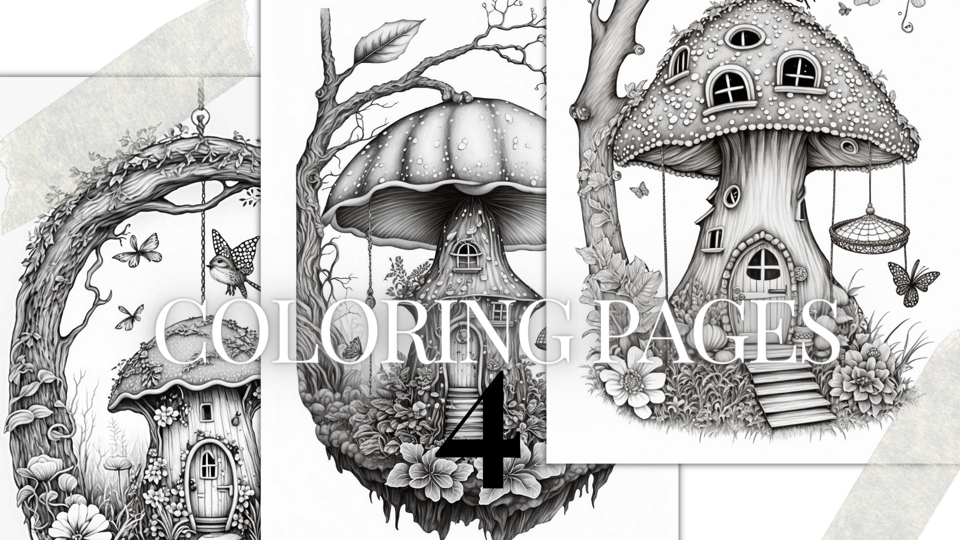 Fantasy Fairy Mushroom Houses Printable PDF | 4 Grayscale Coloring Pages |  Instant Download Grayscale Coloring Pages for Kids and Adults - Etsy, image size:1920x1080