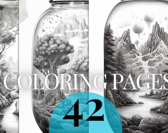 42 Grayscale coloring pages | fantasy terrarium worlds printable PDF | Instant Download Grayscale coloring pages for kids and adults