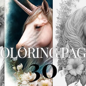 30 Grayscale coloring pages | Set 1 |  fantasy unicorns printable PDF | Instant Download grayscale coloring pages for kids and adults