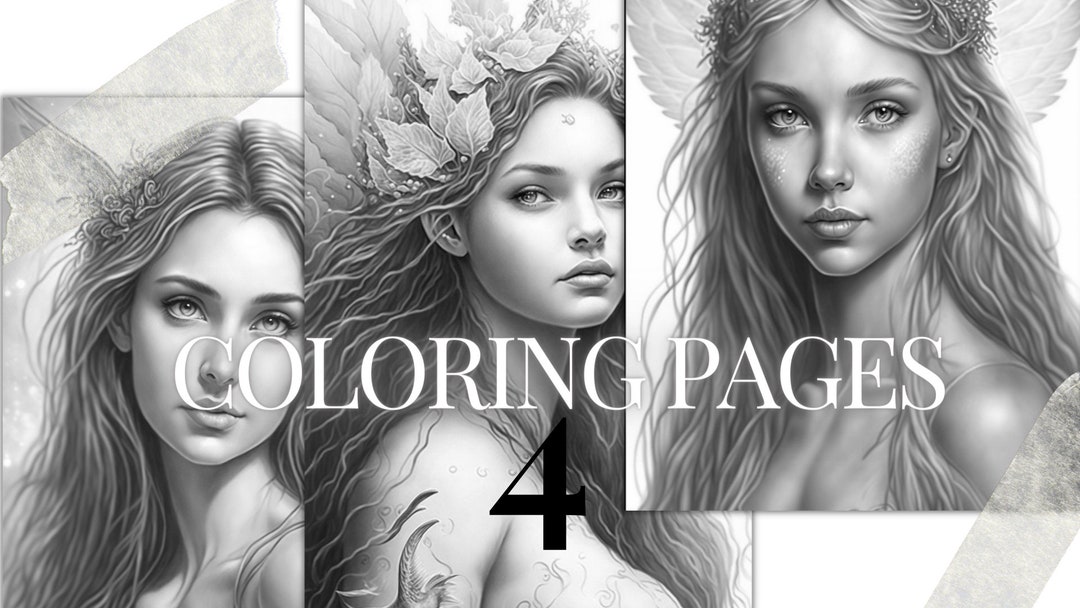 Fantasy Style Fairies Printable PDF | 4 Grayscale Coloring Pages | Instant Download Grayscale ...