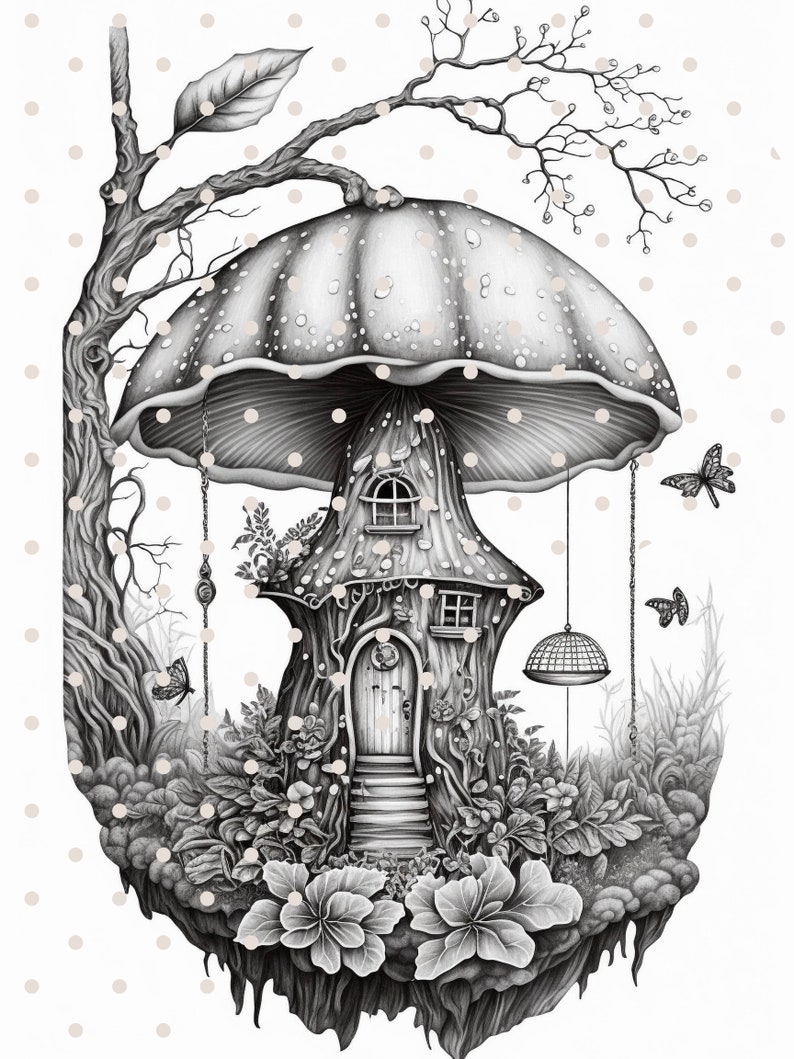 Fantasy Fairy Mushroom Houses Printable PDF | 4 Grayscale Coloring ...