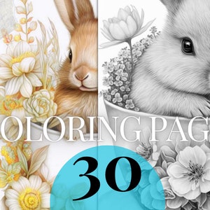 fantasy teacup bunnies and rabbits printable PDF | Set 1 | 30 Grayscale coloring pages | Instant Download coloring pages for kids and adults