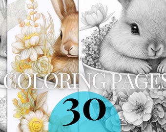 fantasy teacup bunnies and rabbits printable PDF | Set 1 | 30 Grayscale coloring pages | Instant Download coloring pages for kids and adults