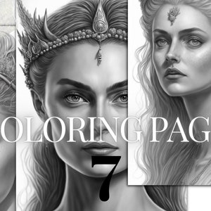 fantasy queens printable PDF | 7 Grayscale coloring pages | Instant Download Grayscale coloring pages for kids and adults