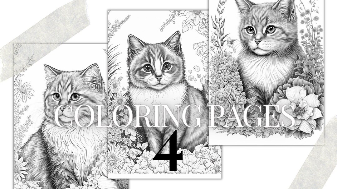 Fantasy Style Cats and Kittens Printable PDF | 4 Grayscale Coloring ...