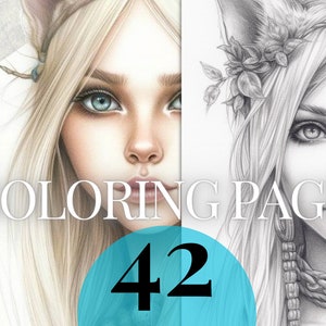 fantasy cat girls printable PDF | 42 Grayscale coloring pages | Instant Download Grayscale coloring pages for kids and adults