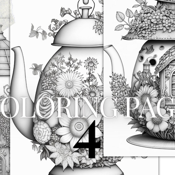 fantasy style teapot fairy houses printable PDF | 4 Grayscale coloring pages | Instant Download Grayscale coloring pages for kids and adults