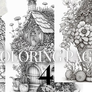 fantasy style pot fairy houses printable PDF | 4 Grayscale coloring pages | Instant Download Grayscale coloring pages for kids and adults