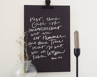 Christian poster, hand-lettered Bible verse, black minimalist design, DIN A4, Psalm 36:6