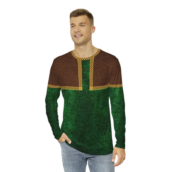Fabelhafte Mode Herren Langarm Leder und Samt keltische Kette Effekt Robin Hood Stil AOP Shirt