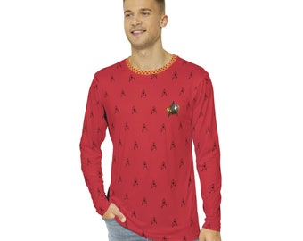 Fabled Fashion Men's Long Sleeve Red Trekkie leather accent AOP Shirt • Custom T shirt for men • Graphic tees men shirt • valentines gift