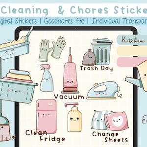 Kawaii Stickers Tareas del Hogar, 50 stickers digitales para limpieza, archivo goodnotes precortado + png