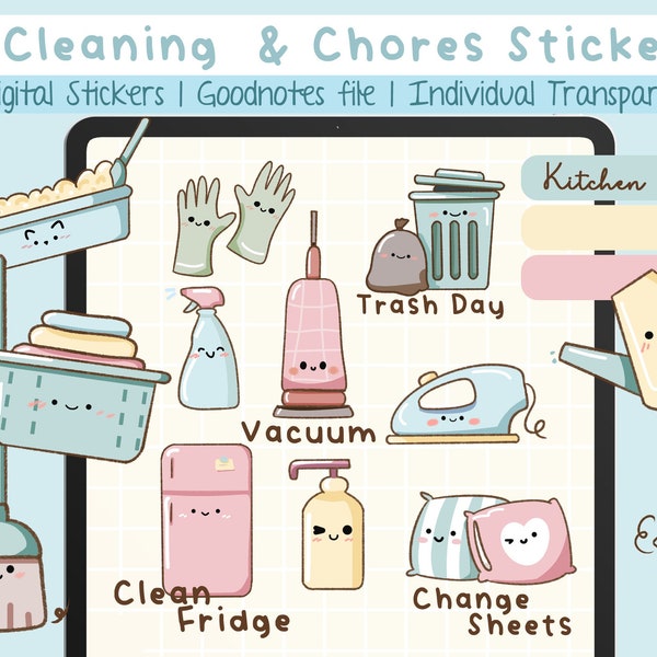 Cleaning digital stickers, 50 Kawaii stickers Chores and Cleaning, Pre-cropped Goodnotes stickers & Transparent PNG