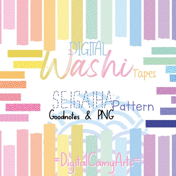 Digital Seigaiha Washi Tape, 30 Japanese washi tapes for digital planning, pastel washi tape, Goodnotes and PNG files in instant download.