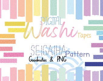 Digital Seigaiha Washi Tape, 30 Japanese washi tapes for digital planning, pastel washi tape, Goodnotes and PNG files in instant download.