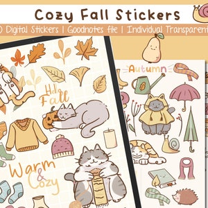 Cozy Fall Digital Stickers, 70 Autumn Stickers for Digital Planner, Pre-cut GoodNotes file, Transparent PNG Cliparts.