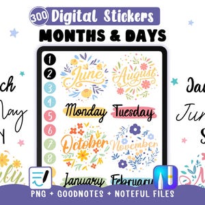 Mois Jours Date Autocollants numérique pré-découpé Goodnotes et Noteful, illustration fleurie de mois numérique en PNG transparents