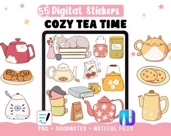 Tea Time digital stickers, stickers Cozy Tea Moments witch cats, Noteful Goodnotes files for digital planner, 55 cliparts PNG transparent