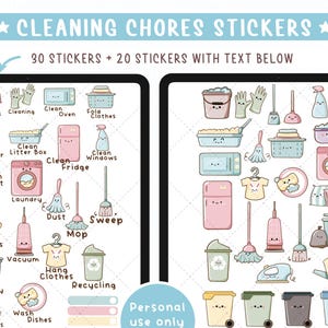 Pegatinas digitales de tareas del hogar, 50 imágenes prediseñadas de limpieza kawaii para agendas digitales, notas imprimibles, notas y archivos PNG. imagen 2