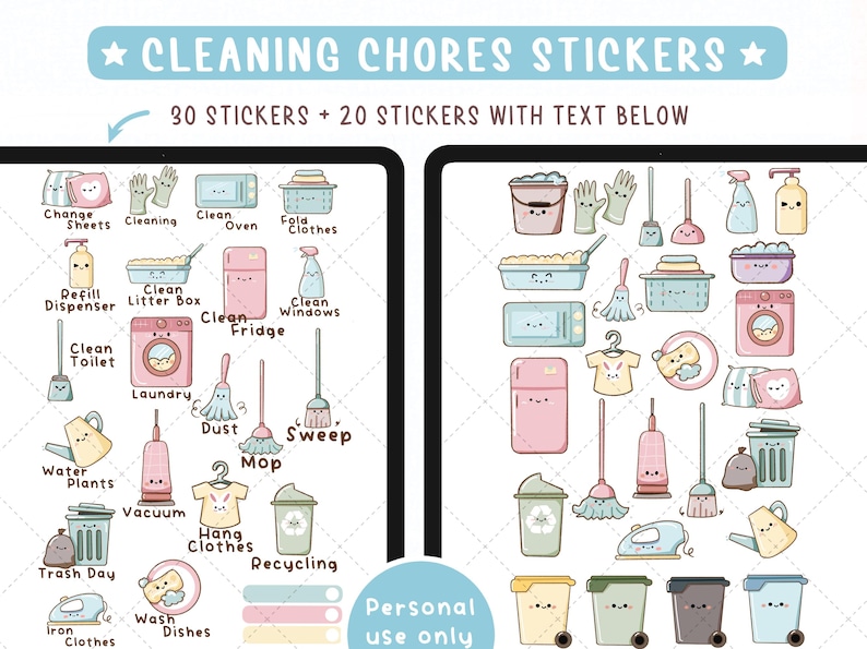 Pegatinas digitales de tareas del hogar, 50 imágenes prediseñadas de limpieza kawaii para agendas digitales, notas imprimibles, notas y archivos PNG. imagen 2