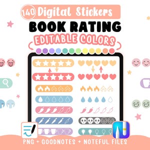 Puede incluir: Una colección de 140 pegatinas digitales para valoraciones de libros con colores editables. El conjunto incluye iconos como estrellas, corazones, llamas, gotas de agua, chiles, cuchillos, calaveras, bombillas y tazas, además de expresiones faciales.