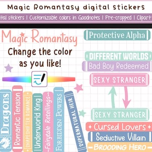 Tropi romantici degli adesivi digitali - Colori modificabili in Goodnotes | Adesivi per amanti dei libri che leggono il diario + 65 clipart