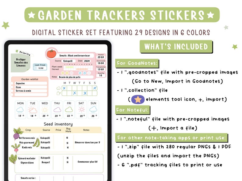 Gartenorganisationsaufkleber. 280 Tracker für Goodnotes und Noteful digitale Kalender, PNG-Cliparts, PDF-Broschüre zur Dokumentation Ihrer Setzlinge. Bild 6
