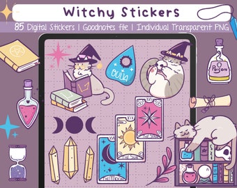 Witchy digital stickers: cats, esoteric, magical, pre-cropped GoodNotes files, PNG clipart, Printable, for digital planner Witchy lovers.