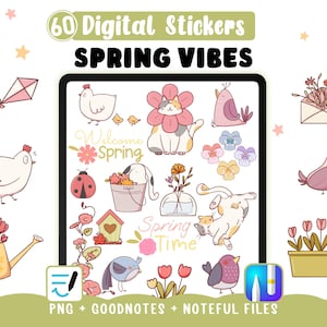 Stickers numériques  de printemps, 60 autocollants floraux, fichiers Noteful GoodNotes cliparts transparents PNG oiseaux, poules et chats